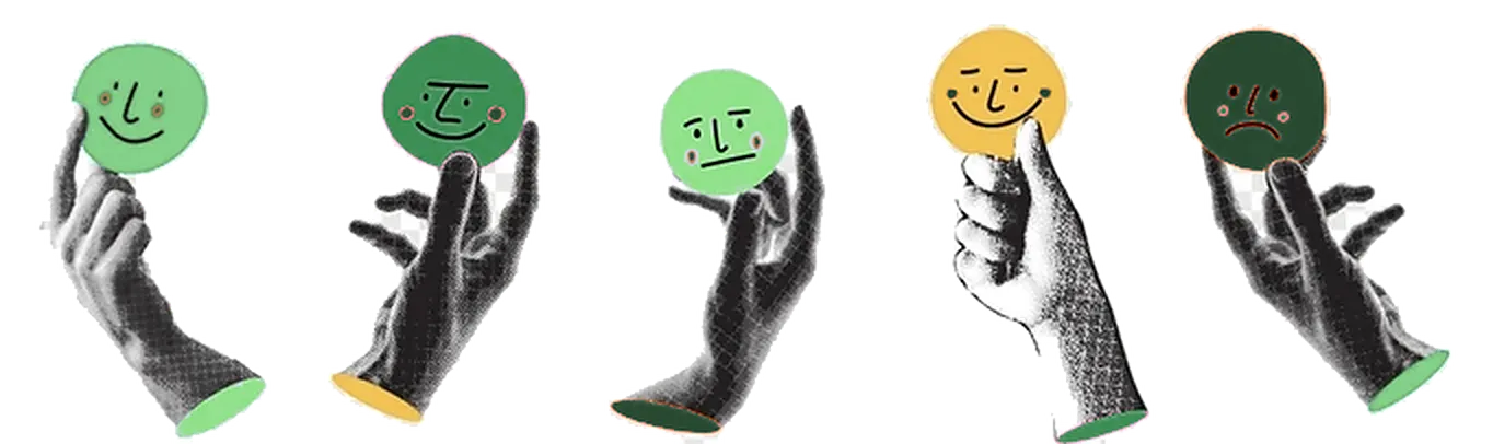 Collage : cinq mains tiennent des émojis, du sourire à la moue