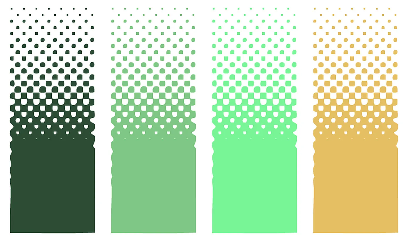 Quatre bandes de trame en dégradé : vert foncé, vert Lecy, vert néon et jaune