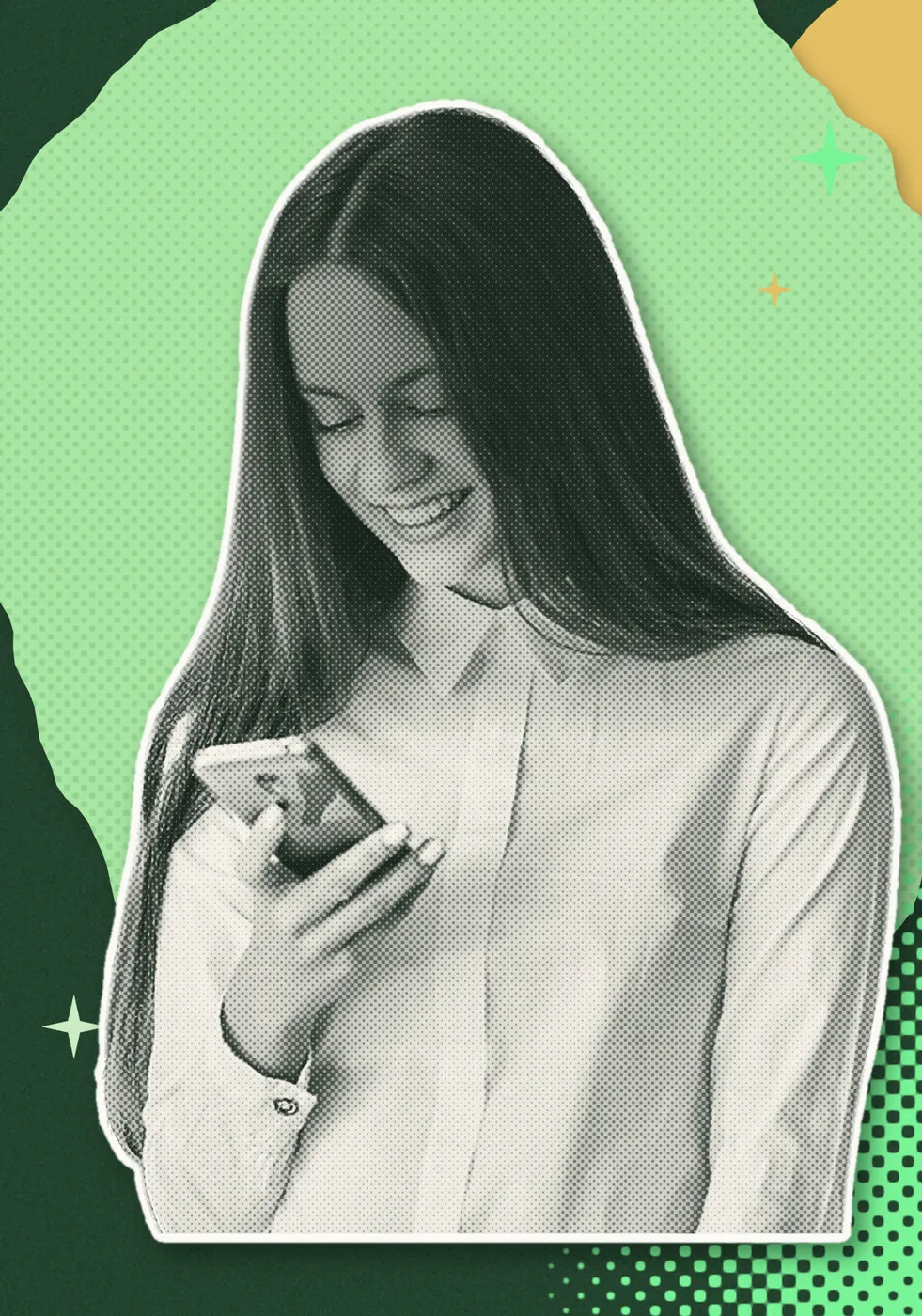 Une jeune femme en chemise blanche sourit à son smartphone, découpée en trame de points sur un collage vert