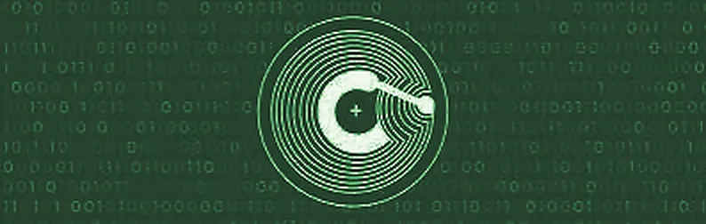 Une icône de tag NFC dynamique sur un fond vert foncé de code binaire