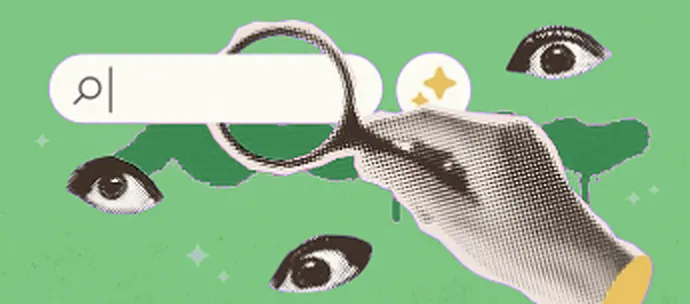 Collage : une barre de recherche, une loupe tenue à la main et des yeux, sur fond vert